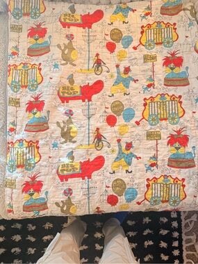 Vintage 1970’s Circus Print Quilted Throw - Red, Yellow & Blue 49x36